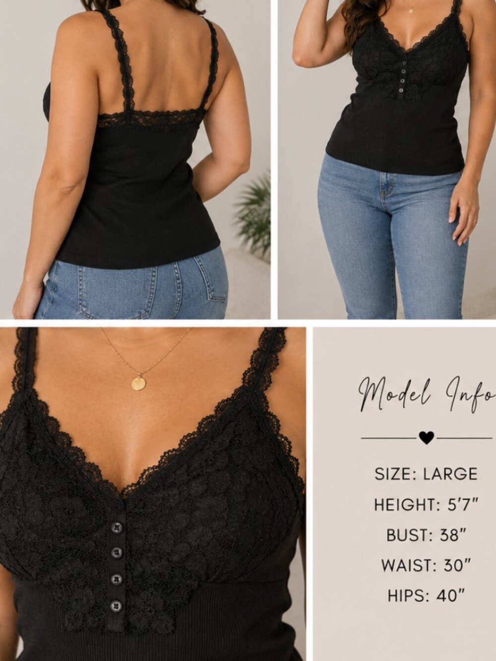 Streetwear Society L Black Lace Trim Button Front Cotton Tank - Picture 7 of 7